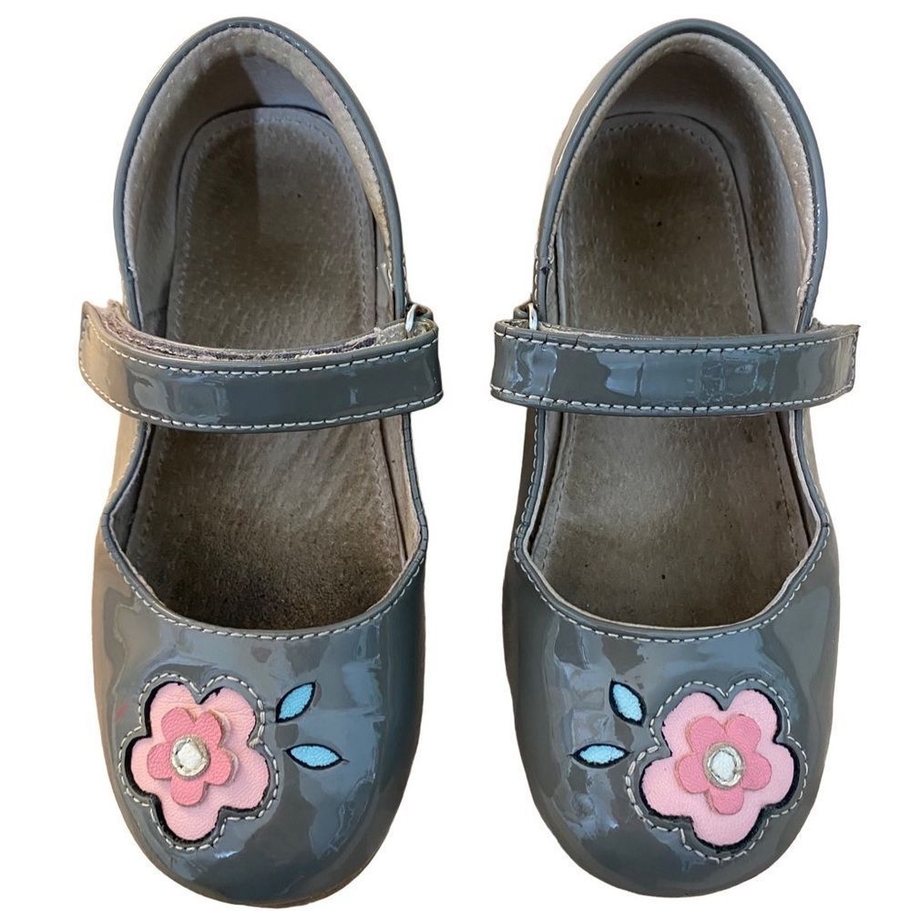 See Kai Run mary jane velcro strap pink flower gray shoe little girl size 11.5